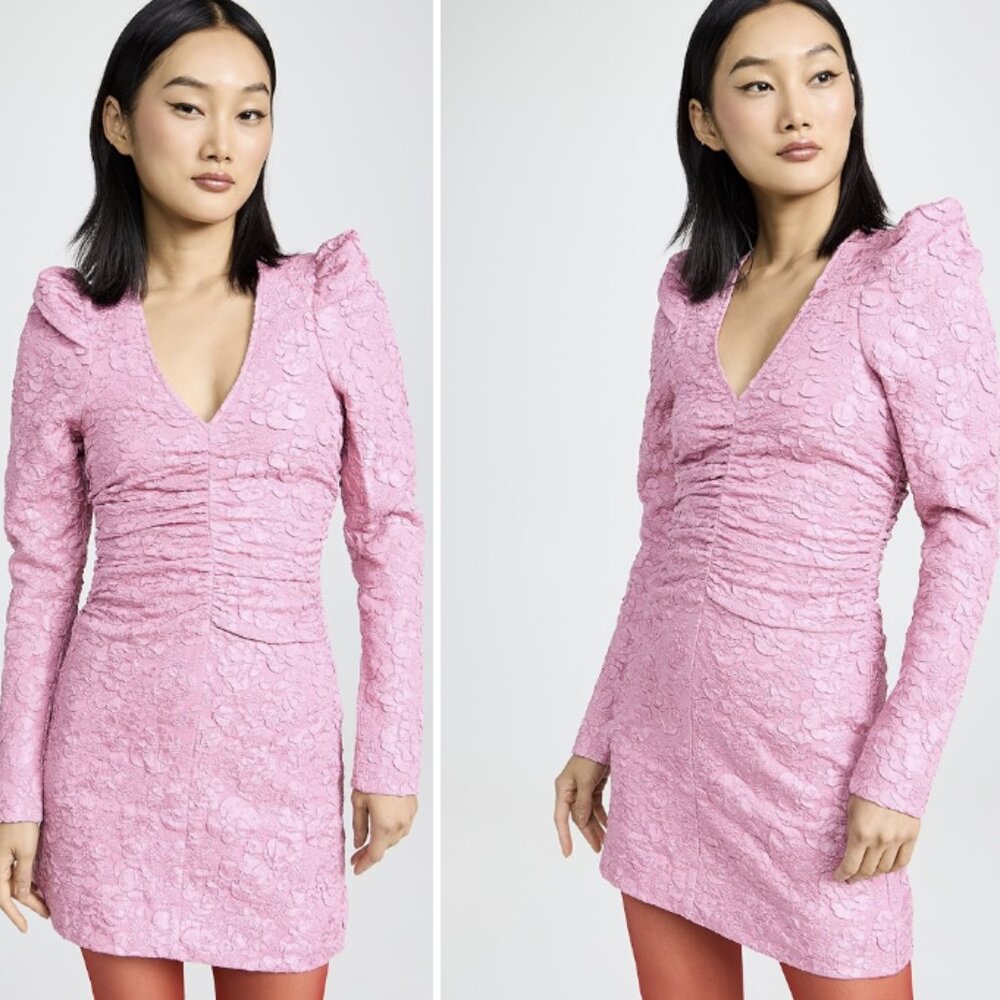 GANNI Pink Floral Jacquard Tonal Long Sleeve Romantic Barbiecore Mini Dress NWT - Picture 2 of 15